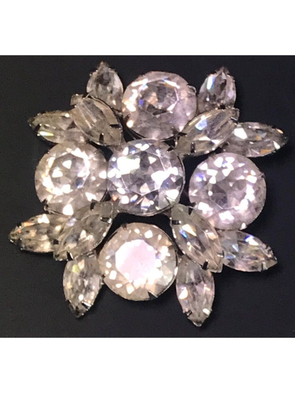 Vintage High End Rhodium Plated Domed 2 Tier Rhinestone Starburst Brooch